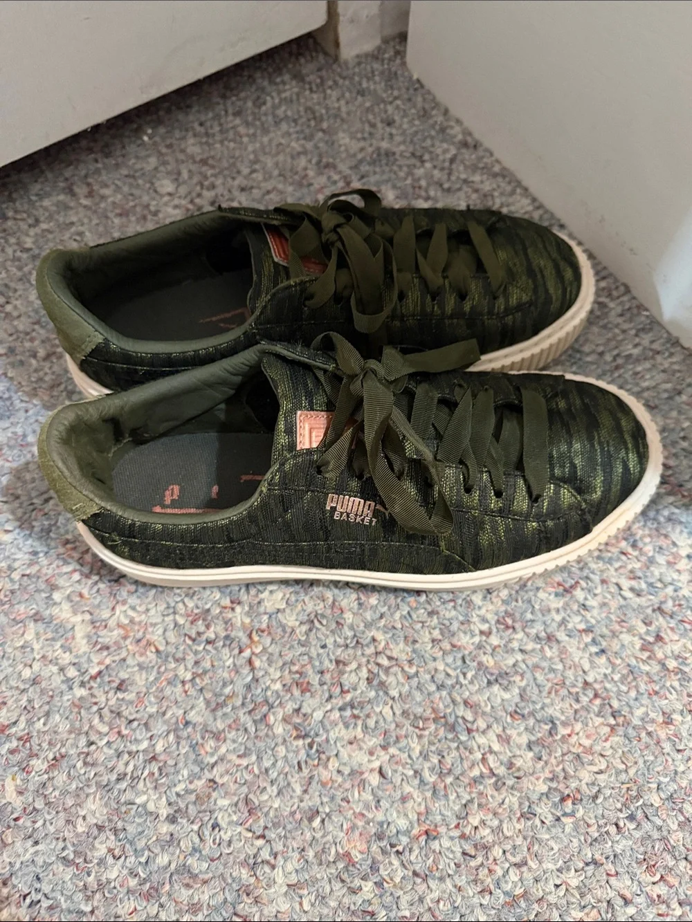 Puma Men's Olive Green Knit Sneakers with Cream Sole